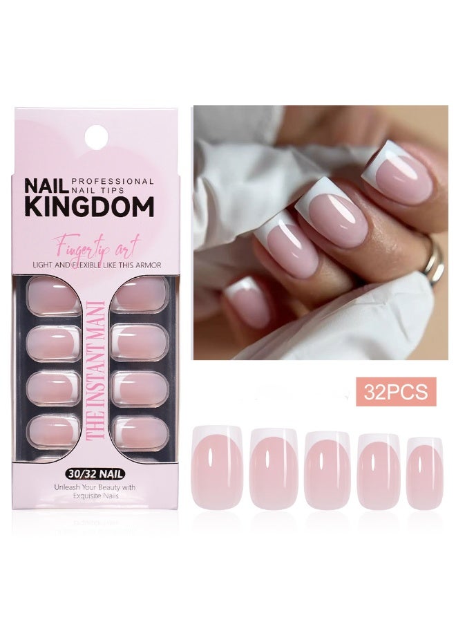 مملكة الأظافر 32 قطعة أظافر صناعية لاصقة، أظافر صناعية فرنسية مربعة قصيرة بلون نيود، تخلق بشكل مثالي تأثير فن أظافر عصري. أظافر أكريليك صناعية مع طقم غراء. هدايا لفن الأظافر المصنوعة يدويًا للنساء. - Image 1